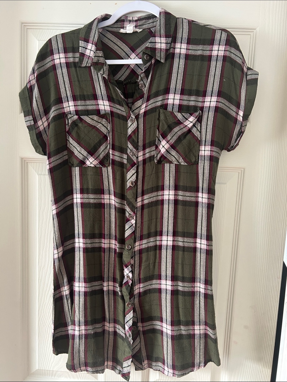 mine Olive Green Plaid Button-Front Shirt Dress